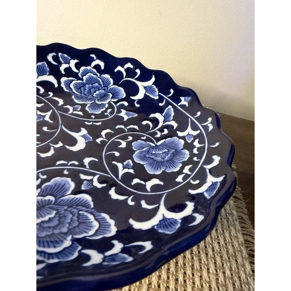 Bombay Company Floral Blue White Ceramic Footed Bowl Scalloped Edge Floral